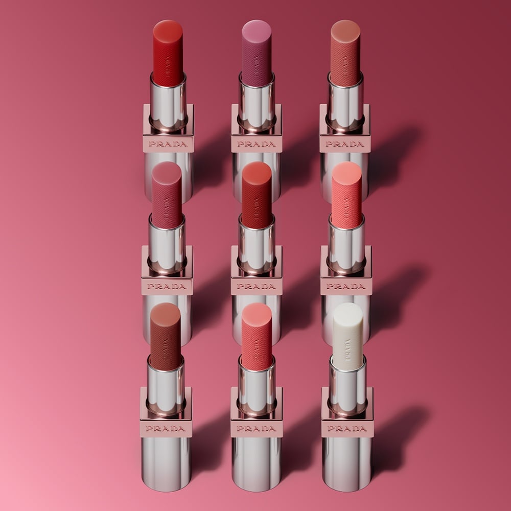 Prada Light Glowing Lipcolor Range Nine shades on a pink background